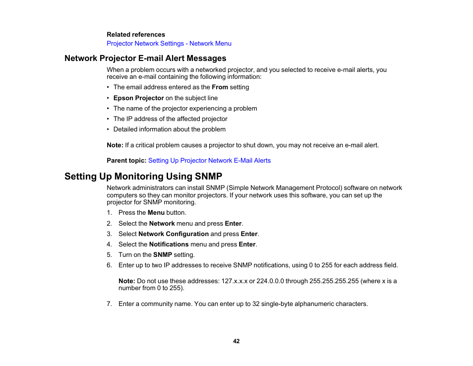 Network projector e-mail alert messages, Setting up monitoring using snmp | Epson EpiqVision Flex CO-W01 3000-Lumen WXGA 3LCD Projector User Manual | Page 42 / 144