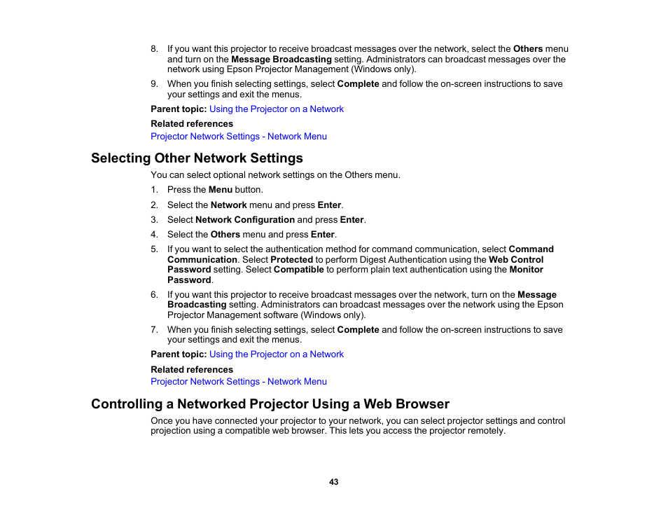 Selecting other network settings | Epson EpiqVision Flex CO-W01 3000-Lumen WXGA 3LCD Projector User Manual | Page 43 / 144