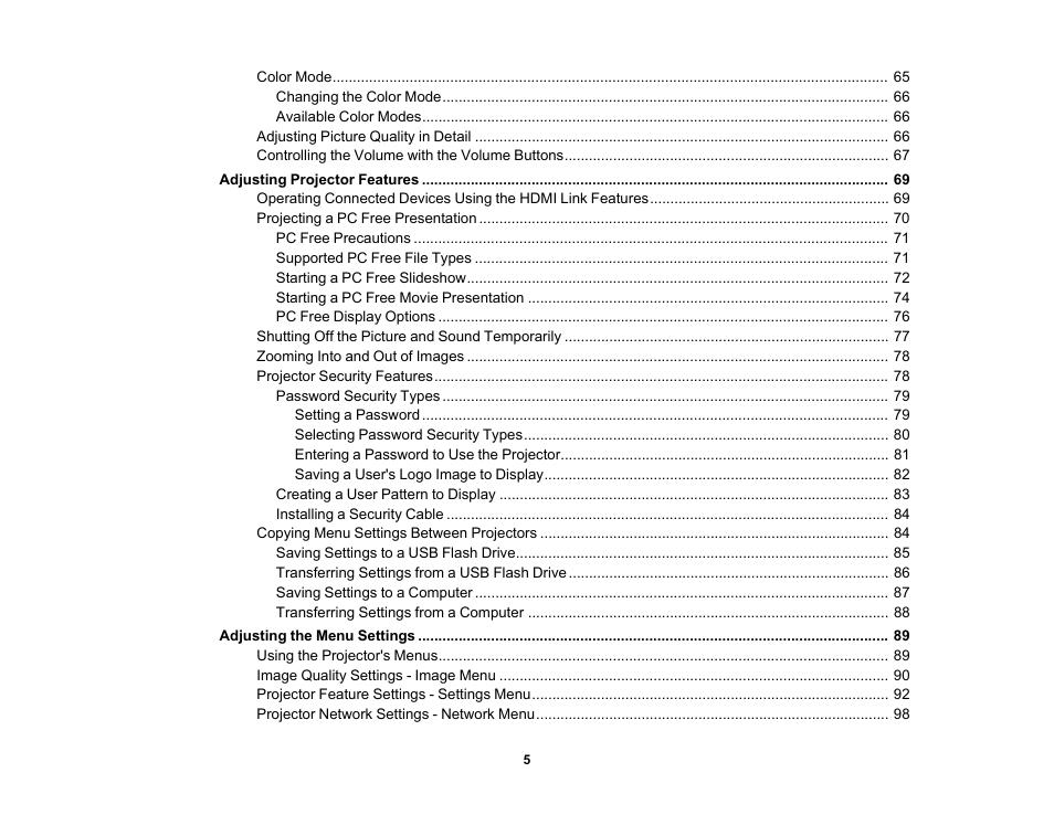 Epson EpiqVision Flex CO-W01 3000-Lumen WXGA 3LCD Projector User Manual | Page 5 / 144