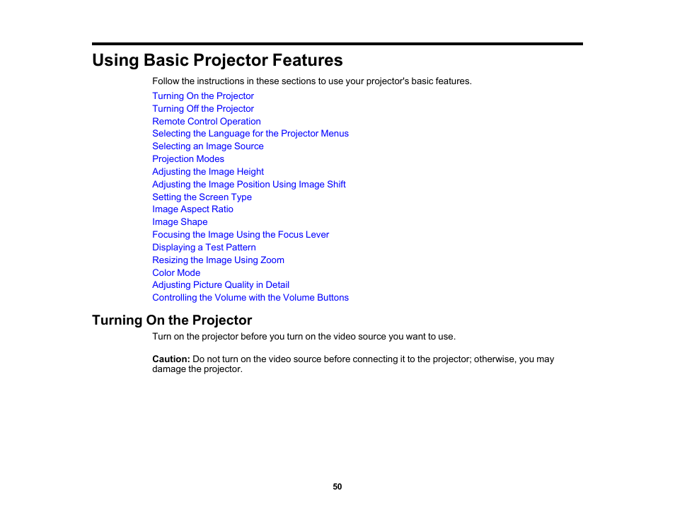 Using basic projector features, Turning on the projector | Epson EpiqVision Flex CO-W01 3000-Lumen WXGA 3LCD Projector User Manual | Page 50 / 144