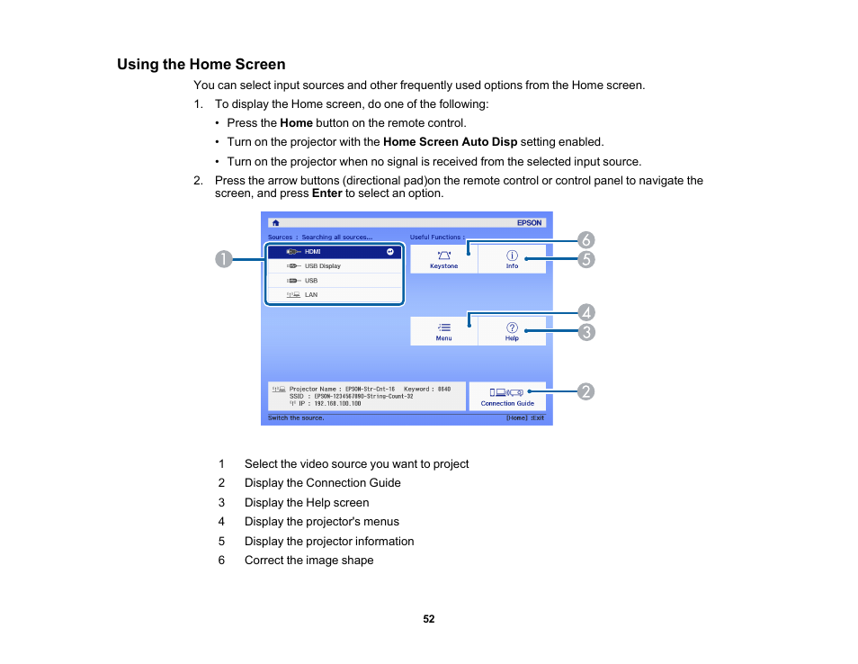 Using the home screen | Epson EpiqVision Flex CO-W01 3000-Lumen WXGA 3LCD Projector User Manual | Page 52 / 144