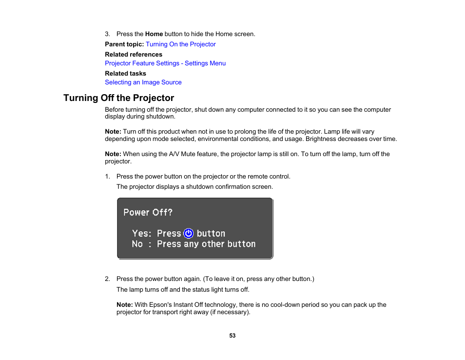 Turning off the projector | Epson EpiqVision Flex CO-W01 3000-Lumen WXGA 3LCD Projector User Manual | Page 53 / 144