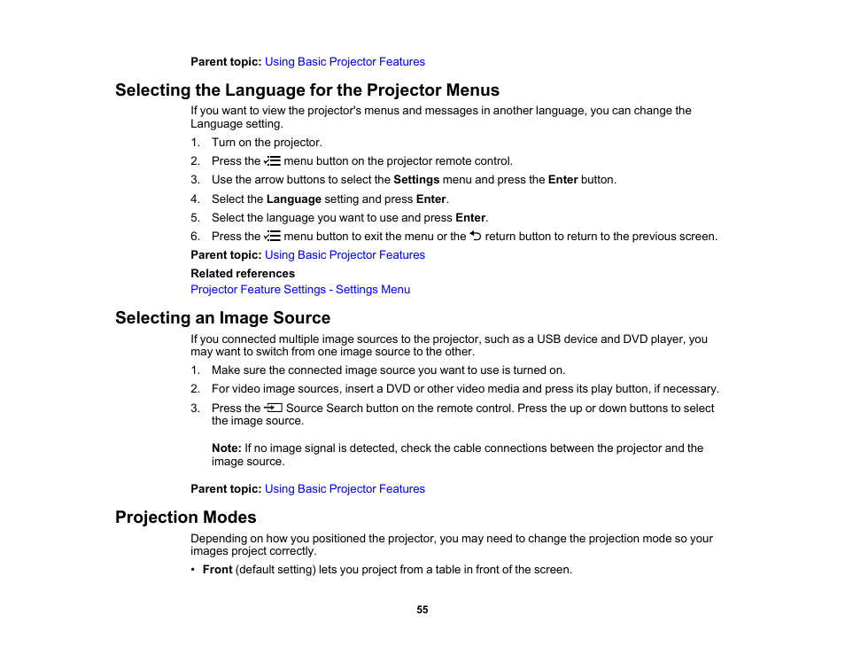 Selecting the language for the projector menus, Selecting an image source, Projection modes | Epson EpiqVision Flex CO-W01 3000-Lumen WXGA 3LCD Projector User Manual | Page 55 / 144