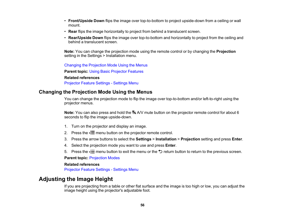 Changing the projection mode using the menus, Adjusting the image height | Epson EpiqVision Flex CO-W01 3000-Lumen WXGA 3LCD Projector User Manual | Page 56 / 144