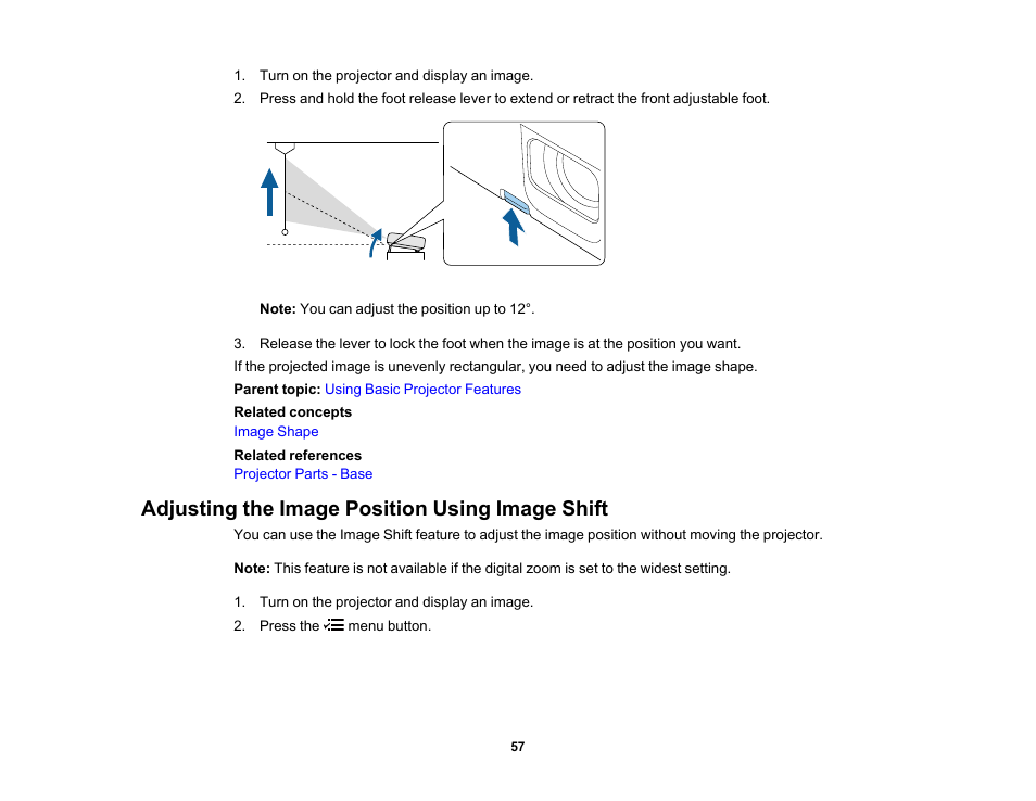 Adjusting the image position using image shift | Epson EpiqVision Flex CO-W01 3000-Lumen WXGA 3LCD Projector User Manual | Page 57 / 144
