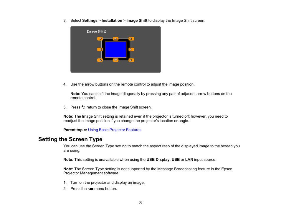 Setting the screen type | Epson EpiqVision Flex CO-W01 3000-Lumen WXGA 3LCD Projector User Manual | Page 58 / 144