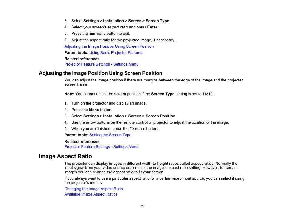 Adjusting the image position using screen position, Image aspect ratio | Epson EpiqVision Flex CO-W01 3000-Lumen WXGA 3LCD Projector User Manual | Page 59 / 144