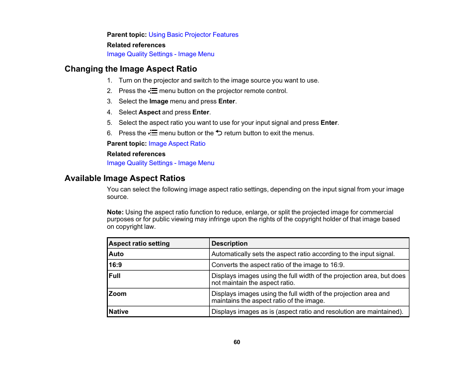 Changing the image aspect ratio, Available image aspect ratios | Epson EpiqVision Flex CO-W01 3000-Lumen WXGA 3LCD Projector User Manual | Page 60 / 144