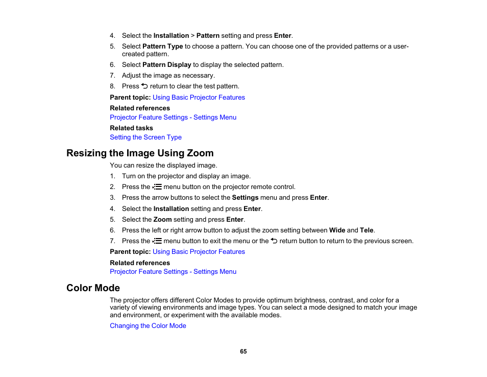 Resizing the image using zoom, Color mode, Resizing the image using zoom color mode | Epson EpiqVision Flex CO-W01 3000-Lumen WXGA 3LCD Projector User Manual | Page 65 / 144