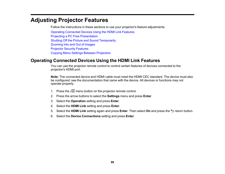 Adjusting projector features | Epson EpiqVision Flex CO-W01 3000-Lumen WXGA 3LCD Projector User Manual | Page 69 / 144