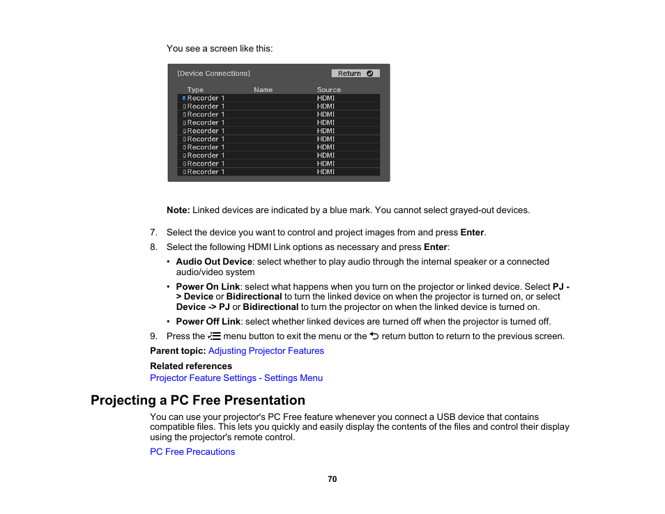 Projecting a pc free presentation | Epson EpiqVision Flex CO-W01 3000-Lumen WXGA 3LCD Projector User Manual | Page 70 / 144