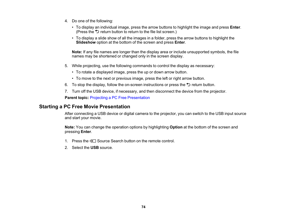 Starting a pc free movie presentation | Epson EpiqVision Flex CO-W01 3000-Lumen WXGA 3LCD Projector User Manual | Page 74 / 144