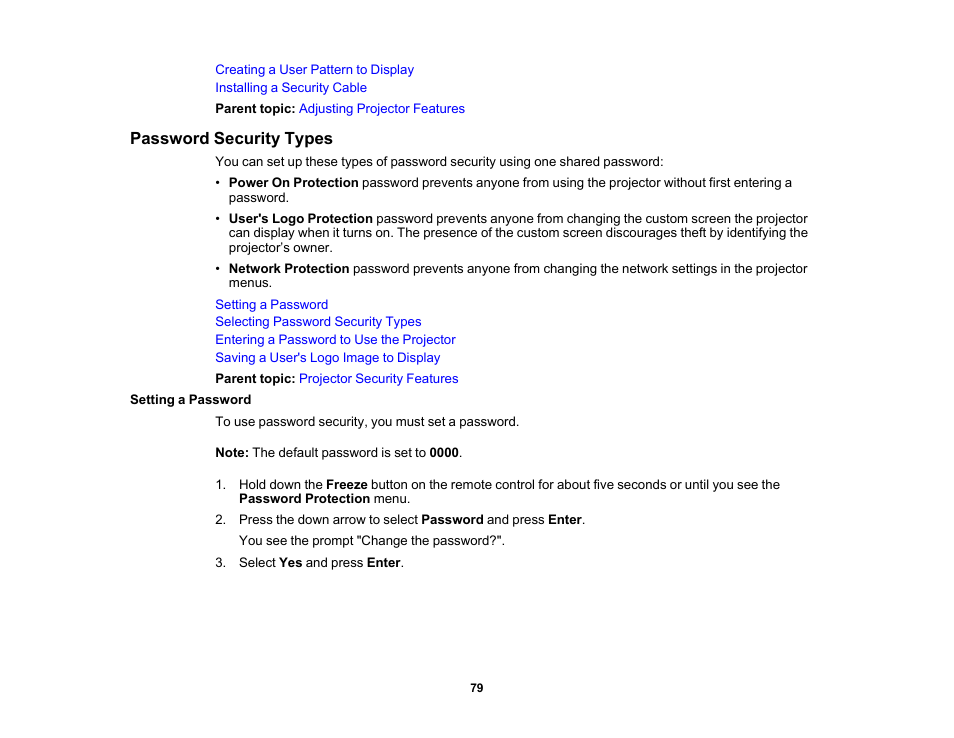 Password security types, Setting a password | Epson EpiqVision Flex CO-W01 3000-Lumen WXGA 3LCD Projector User Manual | Page 79 / 144