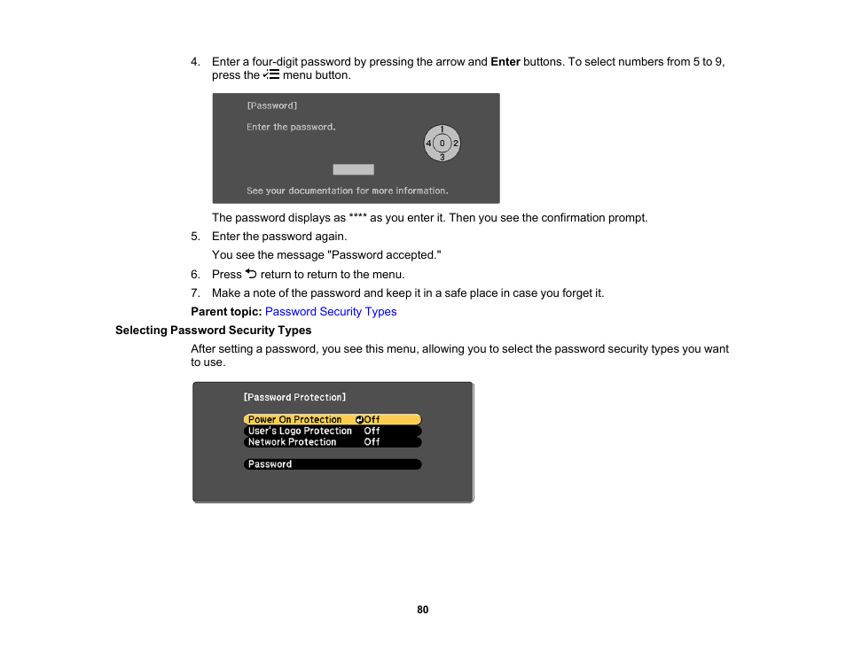 Selecting password security types | Epson EpiqVision Flex CO-W01 3000-Lumen WXGA 3LCD Projector User Manual | Page 80 / 144