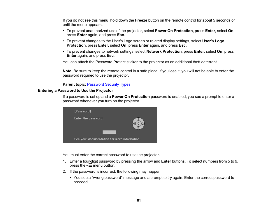 Entering a password to use the projector | Epson EpiqVision Flex CO-W01 3000-Lumen WXGA 3LCD Projector User Manual | Page 81 / 144