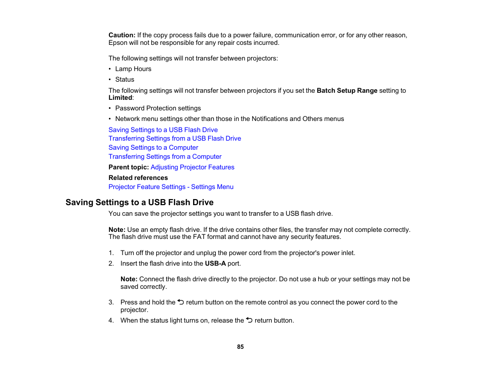 Saving settings to a usb flash drive | Epson EpiqVision Flex CO-W01 3000-Lumen WXGA 3LCD Projector User Manual | Page 85 / 144