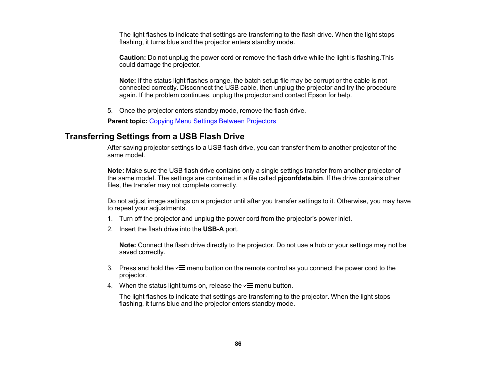 Transferring settings from a usb flash drive | Epson EpiqVision Flex CO-W01 3000-Lumen WXGA 3LCD Projector User Manual | Page 86 / 144