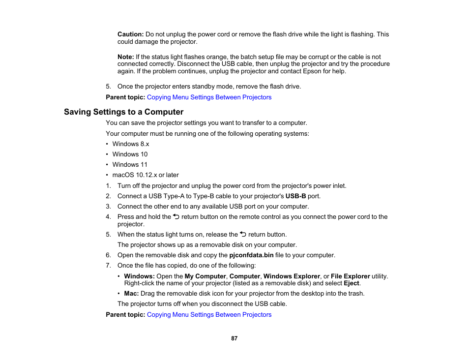 Saving settings to a computer | Epson EpiqVision Flex CO-W01 3000-Lumen WXGA 3LCD Projector User Manual | Page 87 / 144