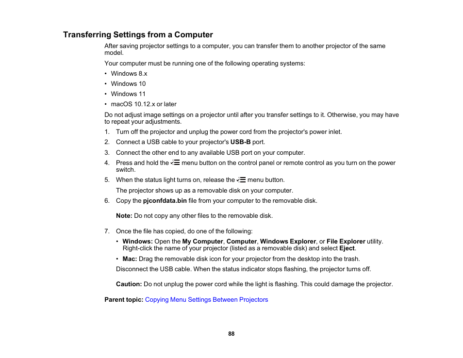 Transferring settings from a computer | Epson EpiqVision Flex CO-W01 3000-Lumen WXGA 3LCD Projector User Manual | Page 88 / 144