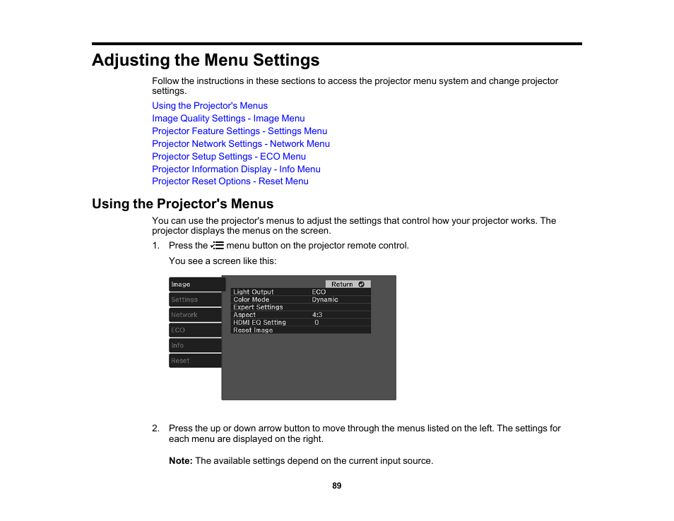 Adjusting the menu settings, Using the projector's menus | Epson EpiqVision Flex CO-W01 3000-Lumen WXGA 3LCD Projector User Manual | Page 89 / 144