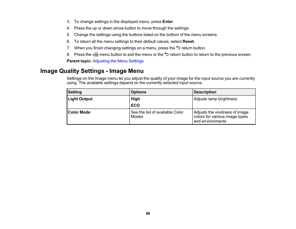 Image quality settings - image menu | Epson EpiqVision Flex CO-W01 3000-Lumen WXGA 3LCD Projector User Manual | Page 90 / 144