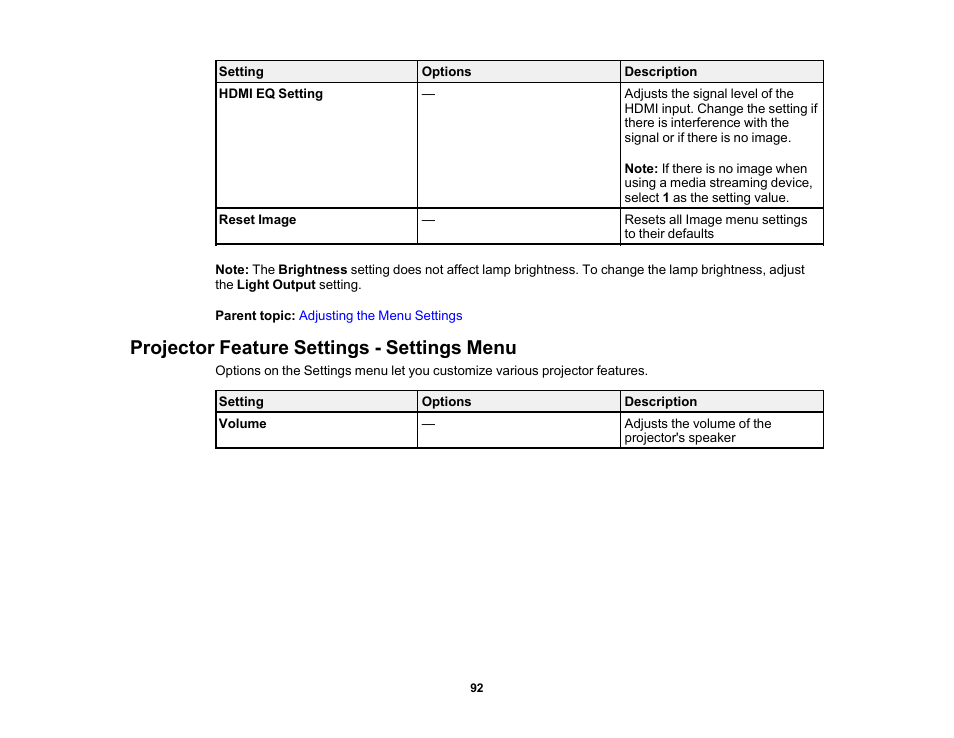 Projector feature settings - settings menu | Epson EpiqVision Flex CO-W01 3000-Lumen WXGA 3LCD Projector User Manual | Page 92 / 144