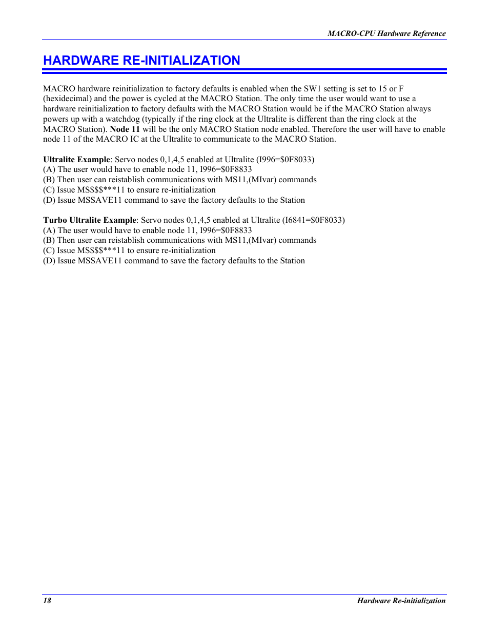 Hardware re-initialization | Delta Tau MACRO CPU BOARD 4Ax-602804-xHxx User Manual | Page 22 / 35