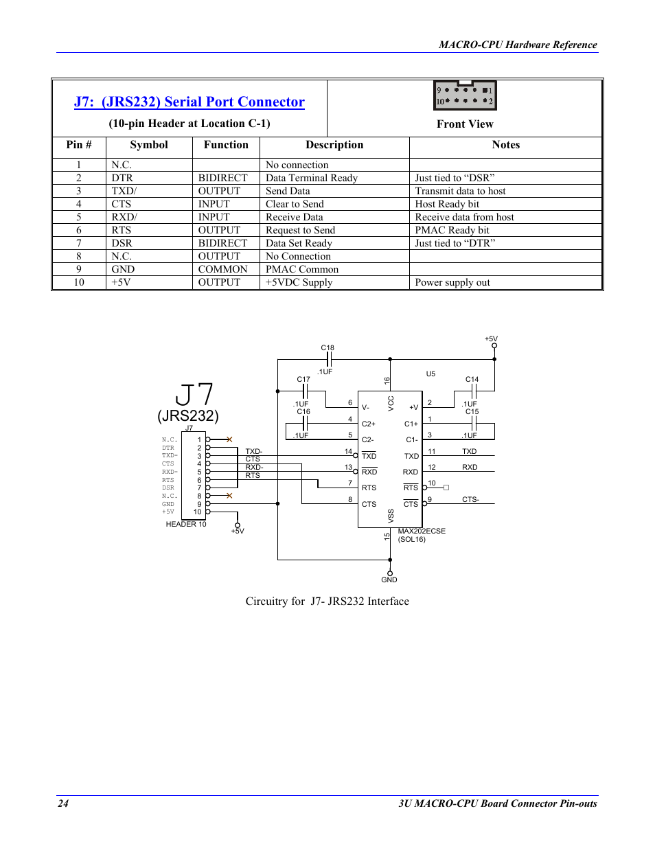 J7: (jrs232) serial port connector, Jrs232), Circuitry for j7- jrs232 interface | Delta Tau MACRO CPU BOARD 4Ax-602804-xHxx User Manual | Page 28 / 35