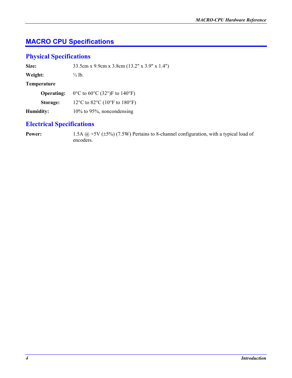 Macro cpu specifications, Physical specifications, Electrical specifications | Macro cpu specifications physical specifications | Delta Tau MACRO CPU BOARD 4Ax-602804-xHxx User Manual | Page 8 / 35