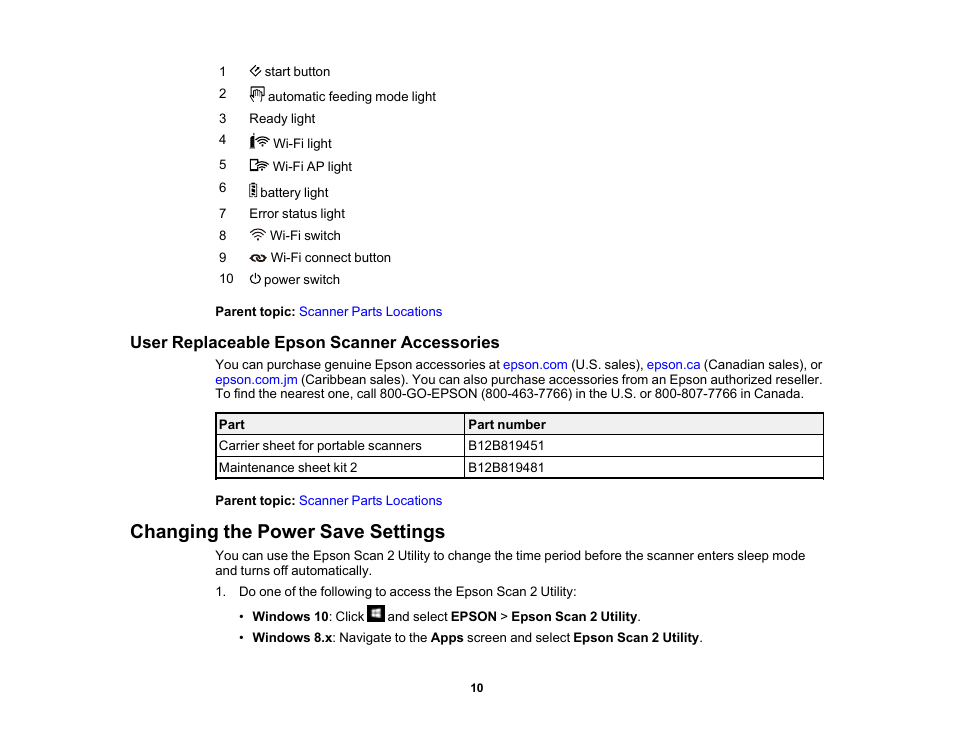 User replaceable epson scanner accessories, Changing the power save settings | Epson Workforce ES-60W Wireless Portable Document Scanner User Manual | Page 10 / 112