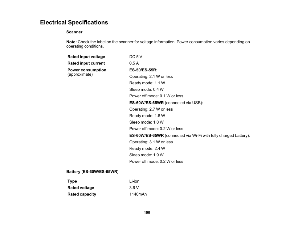 Electrical specifications | Epson Workforce ES-60W Wireless Portable Document Scanner User Manual | Page 100 / 112