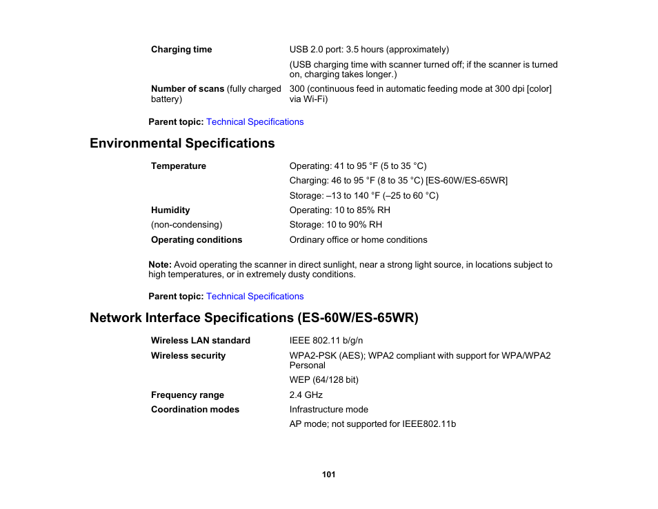 Environmental specifications, Network interface specifications (es-60w/es-65wr) | Epson Workforce ES-60W Wireless Portable Document Scanner User Manual | Page 101 / 112