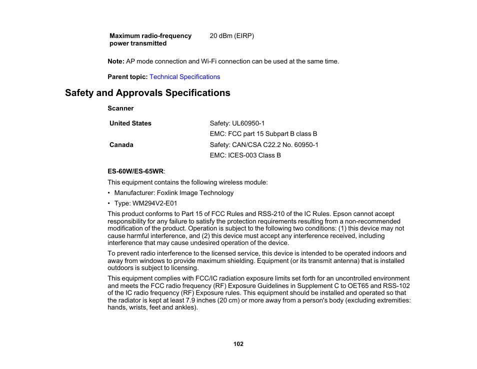 Safety and approvals specifications | Epson Workforce ES-60W Wireless Portable Document Scanner User Manual | Page 102 / 112