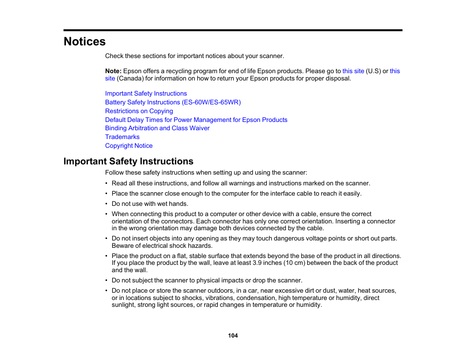 Notices, Important safety instructions | Epson Workforce ES-60W Wireless Portable Document Scanner User Manual | Page 104 / 112