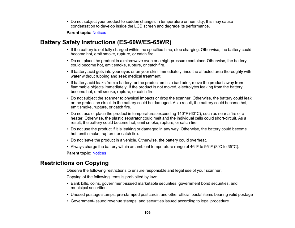 Battery safety instructions (es-60w/es-65wr), Restrictions on copying | Epson Workforce ES-60W Wireless Portable Document Scanner User Manual | Page 106 / 112