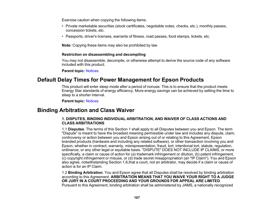 Binding arbitration and class waiver | Epson Workforce ES-60W Wireless Portable Document Scanner User Manual | Page 107 / 112