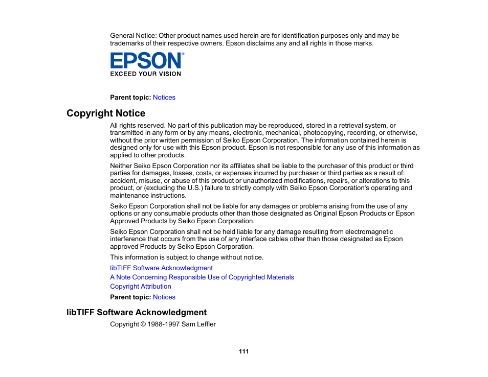 Copyright notice, Libtiff software acknowledgment | Epson Workforce ES-60W Wireless Portable Document Scanner User Manual | Page 111 / 112