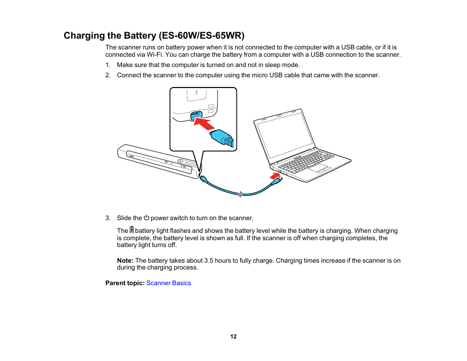 Charging the battery (es-60w/es-65wr) | Epson Workforce ES-60W Wireless Portable Document Scanner User Manual | Page 12 / 112