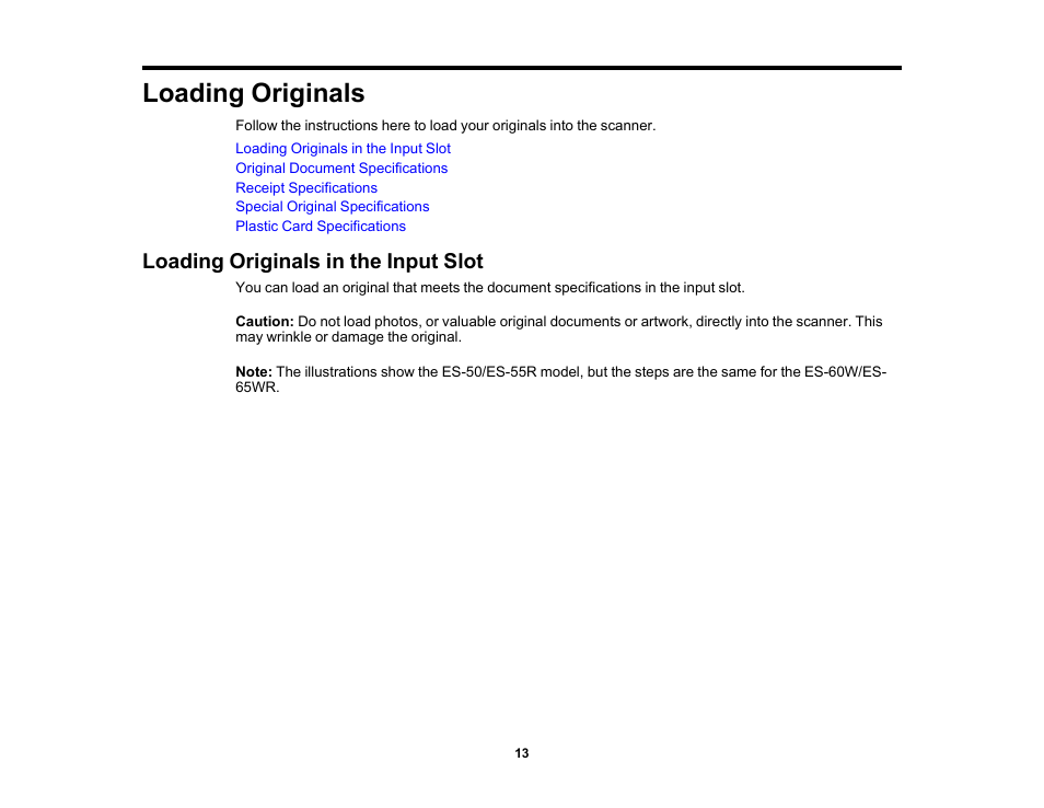 Loading originals, Loading originals in the input slot | Epson Workforce ES-60W Wireless Portable Document Scanner User Manual | Page 13 / 112