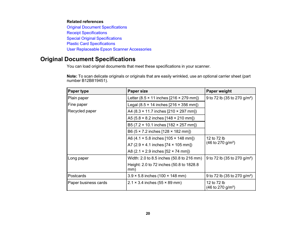 Original document specifications | Epson Workforce ES-60W Wireless Portable Document Scanner User Manual | Page 20 / 112