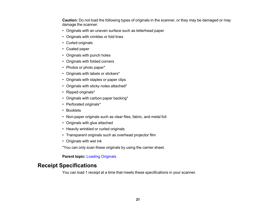 Receipt specifications | Epson Workforce ES-60W Wireless Portable Document Scanner User Manual | Page 21 / 112