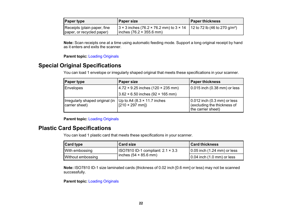 Special original specifications, Plastic card specifications | Epson Workforce ES-60W Wireless Portable Document Scanner User Manual | Page 22 / 112