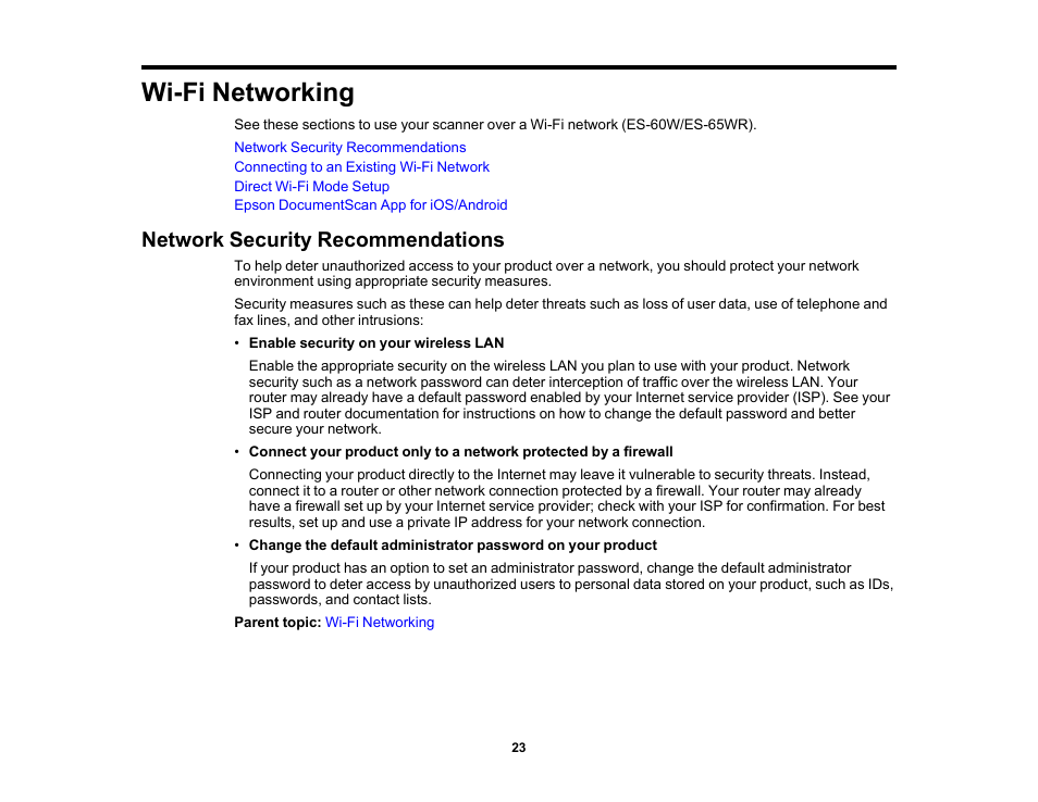 Wi-fi networking, Network security recommendations | Epson Workforce ES-60W Wireless Portable Document Scanner User Manual | Page 23 / 112