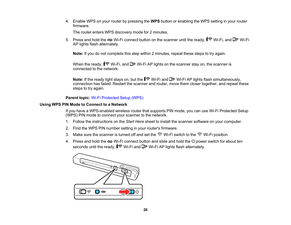 Using wps pin mode to connect to a network | Epson Workforce ES-60W Wireless Portable Document Scanner User Manual | Page 26 / 112