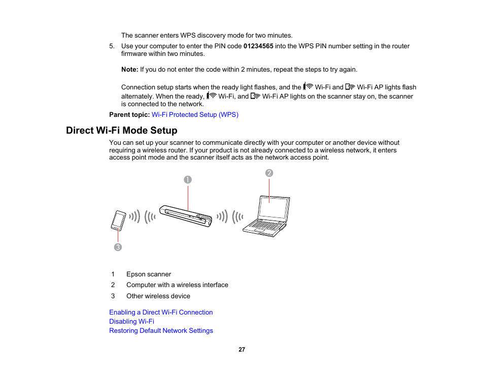 Direct wi-fi mode setup | Epson Workforce ES-60W Wireless Portable Document Scanner User Manual | Page 27 / 112