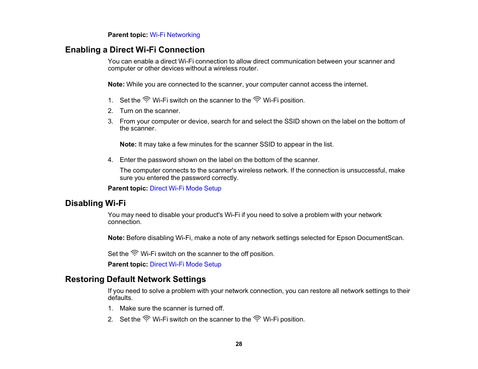 Enabling a direct wi-fi connection, Disabling wi-fi, Restoring default network settings | Epson Workforce ES-60W Wireless Portable Document Scanner User Manual | Page 28 / 112