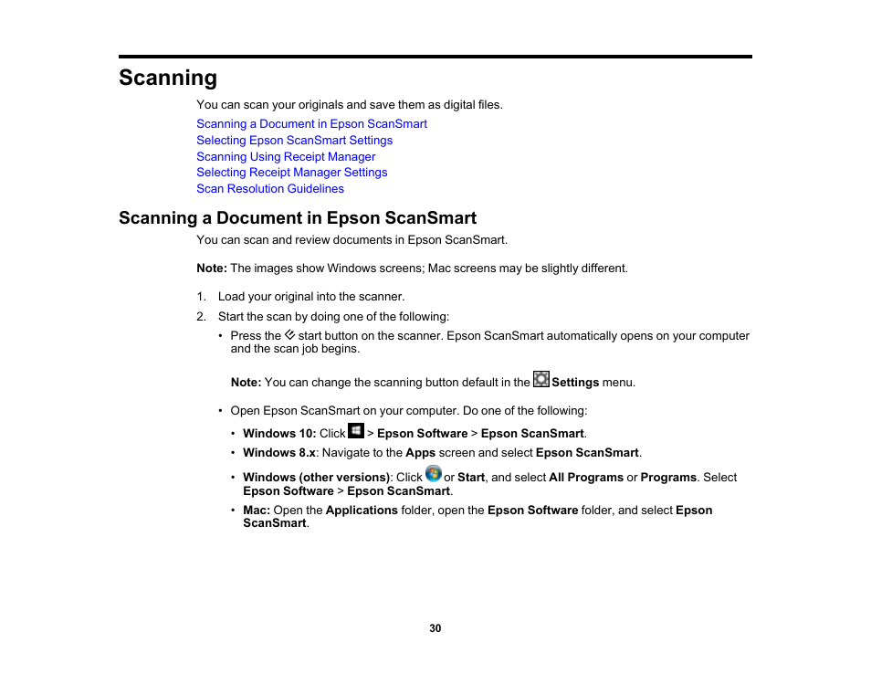 Scanning, Scanning a document in epson scansmart | Epson Workforce ES-60W Wireless Portable Document Scanner User Manual | Page 30 / 112