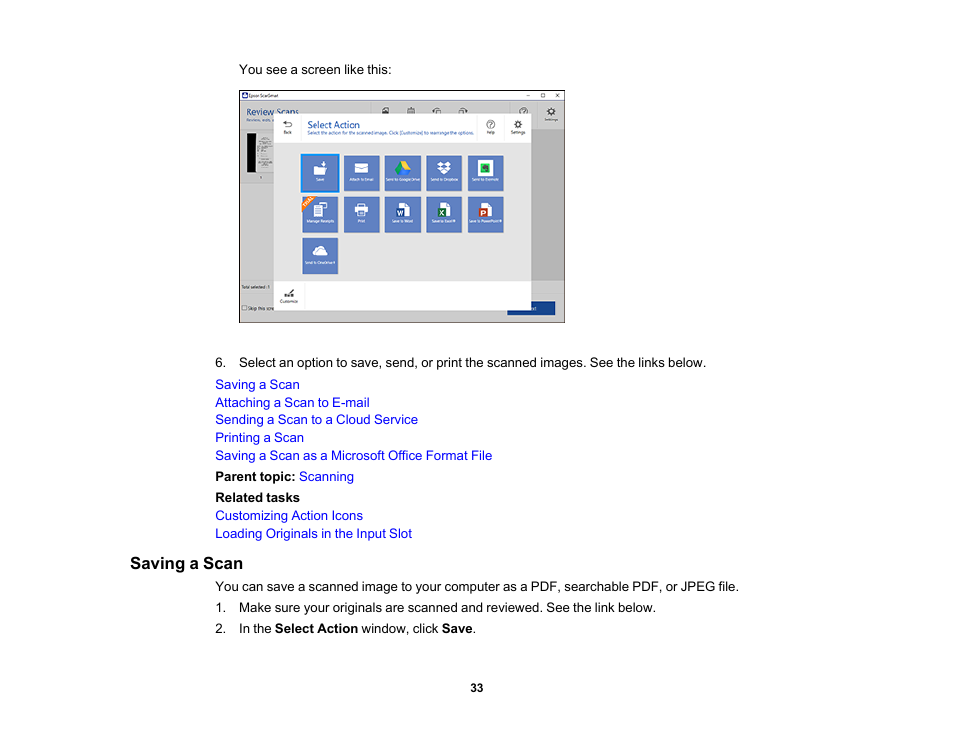 Saving a scan | Epson Workforce ES-60W Wireless Portable Document Scanner User Manual | Page 33 / 112