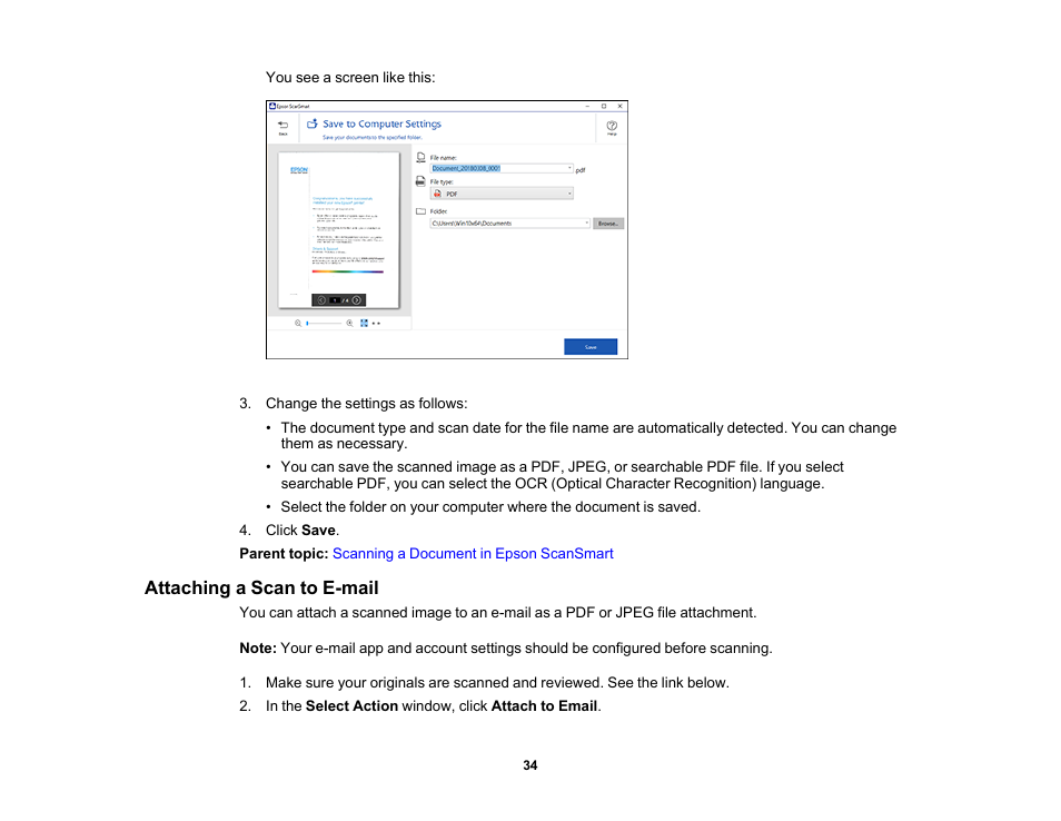 Attaching a scan to e-mail | Epson Workforce ES-60W Wireless Portable Document Scanner User Manual | Page 34 / 112