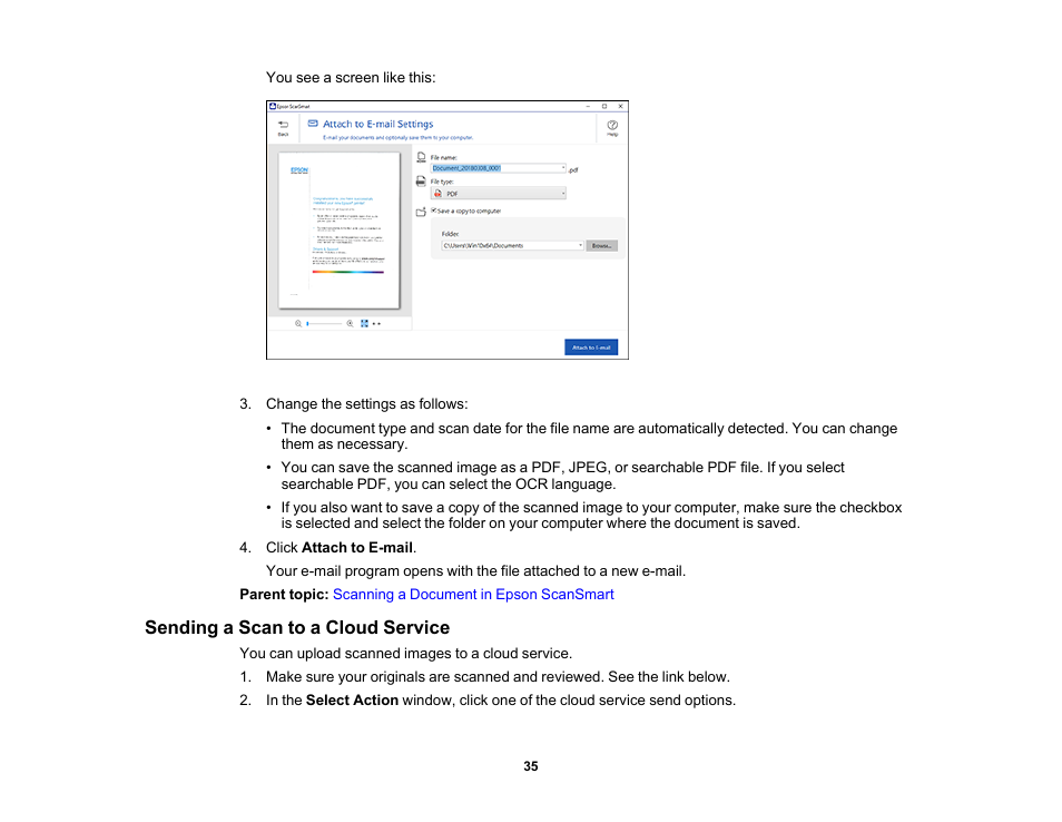 Sending a scan to a cloud service | Epson Workforce ES-60W Wireless Portable Document Scanner User Manual | Page 35 / 112
